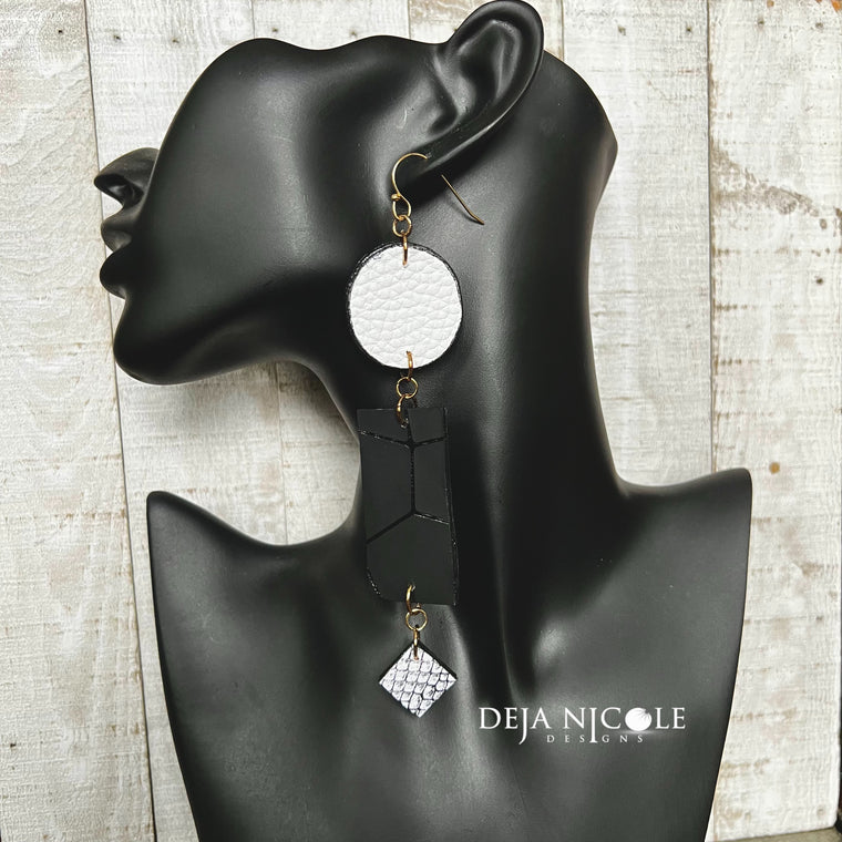 Tri Black & White Faux Leather Earrings