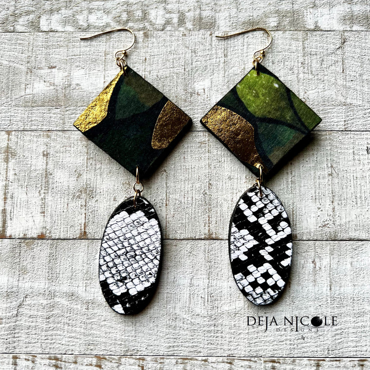 Snakeskin, Green & Gold Abstract Animal Print Earrings