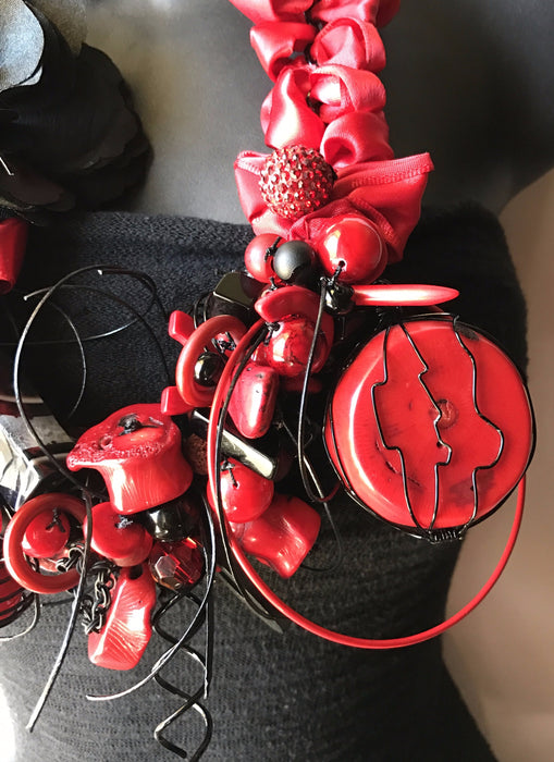 Coral black onyx statement necklace 